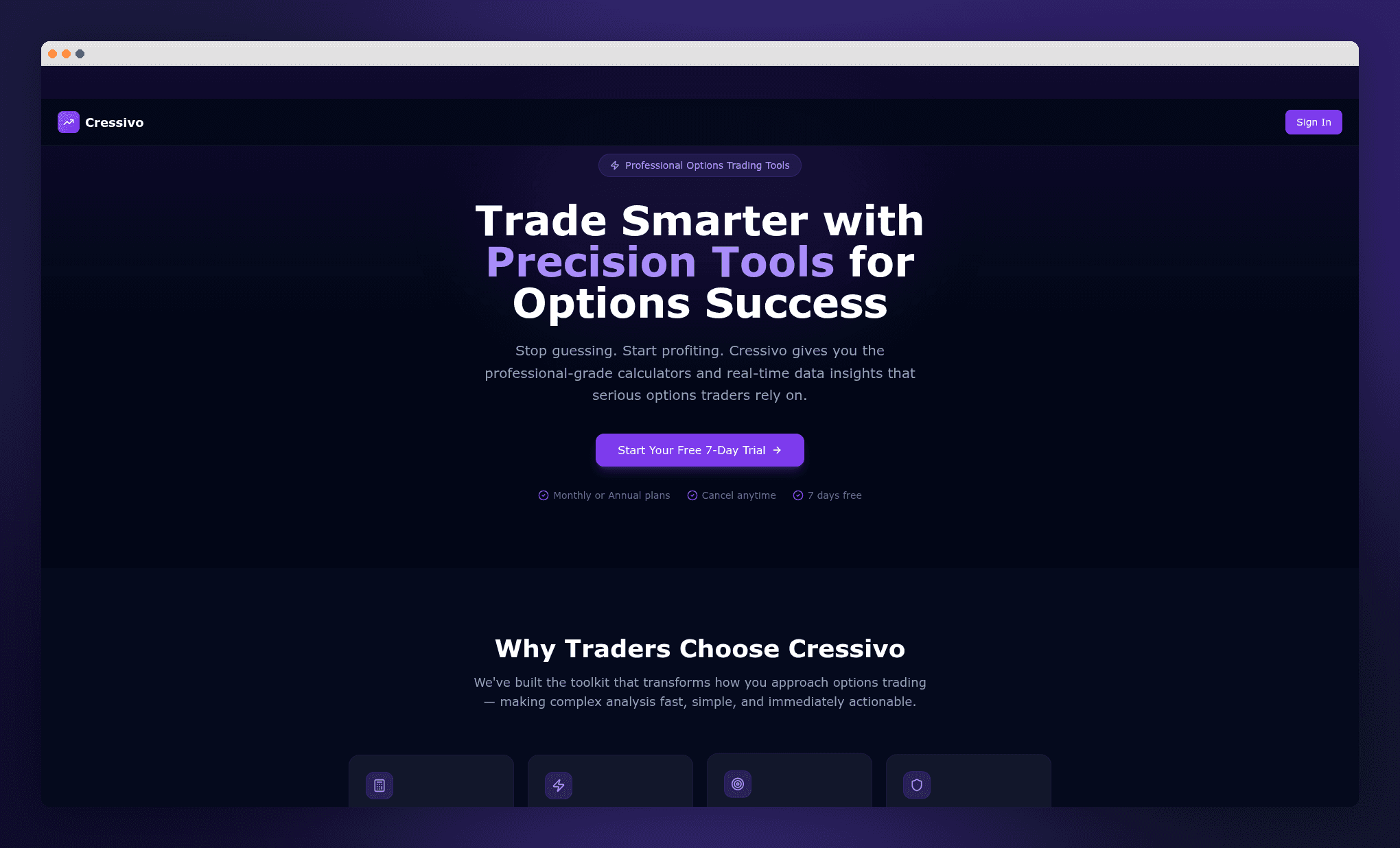 Cressivo professional trading calculators and tools interface