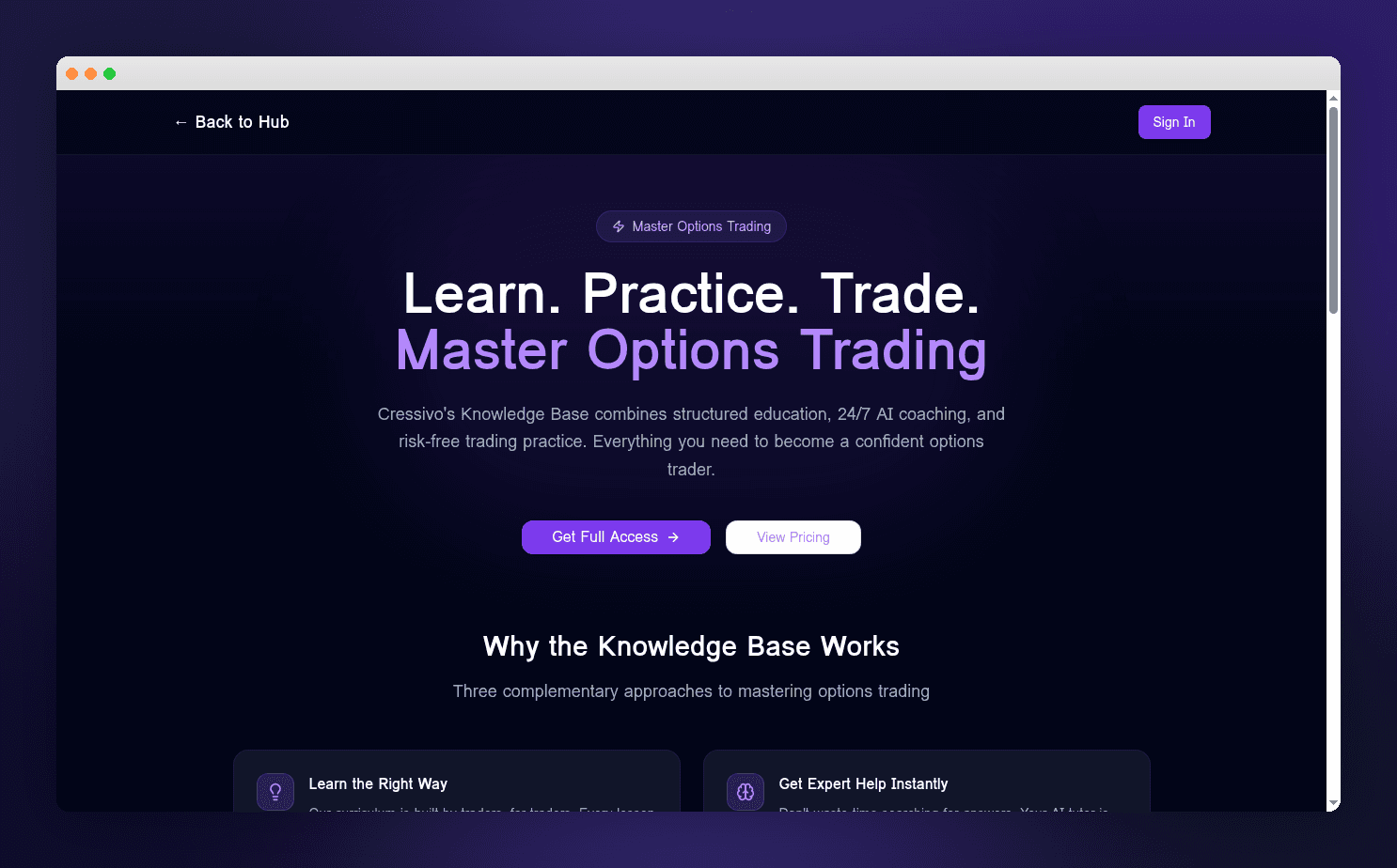 Cressivo Knowledge Base - structured education, AI coaching, and paper trading